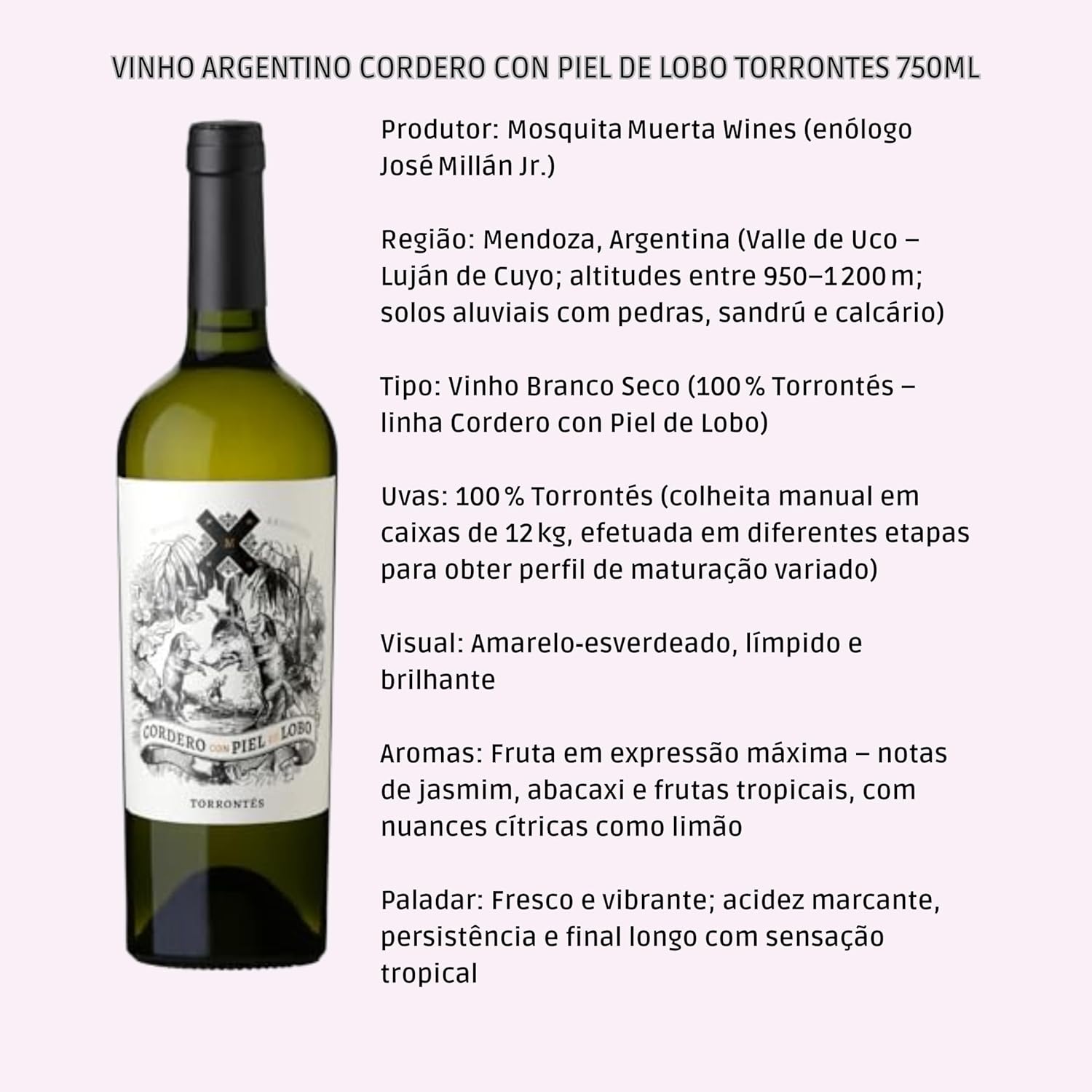 Vinho Argentino Cordero con Piel de Lobo Torrontes 750ml - Imagem 4